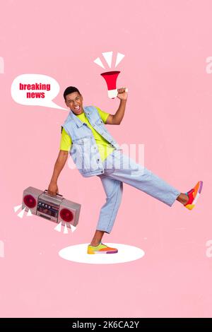 Creative photo 3d collage poster postcard artwork of excited crazy guy moving announces interesting news isolated on drawing background Stock Photo