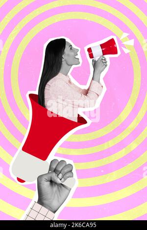 Creative photo 3d collage poster postcard artwork of pretty girl inside megaphone share secret gossip rumor isolated on drawing background Stock Photo