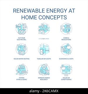 Renewable energy at home turquoise concept icons set Stock Vector