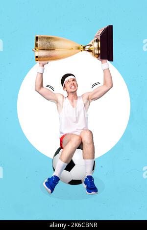 Creative photo 3d collage poster postcard artwork of young sporty man hold big cup rejoice success isolated on drawing background Stock Photo