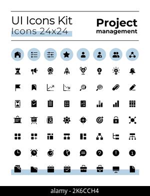 Project management black glyph ui icons kit Stock Vector
