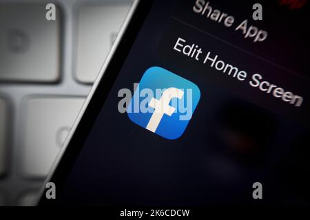 Warsaw, Poland. 12th Oct, 2022. The Facebook logo is seen on an iPhone mobile device in this illustration photo in Warsaw, Poland on 12 October, 2022. (Photo by Jaap Arriens/Sipa USA) Credit: Sipa USA/Alamy Live News Stock Photo