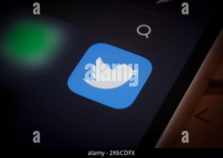 Warsaw, Poland. 12th Oct, 2022. The Twitter logo is seen on an iPhone mobile device in this illustration photo in Warsaw, Poland on 12 October, 2022. (Photo by Jaap Arriens/Sipa USA) Credit: Sipa USA/Alamy Live News Stock Photo
