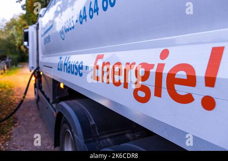 Schwerin, Germany. 10th Oct, 2022. Günter M. delivers heating oil to private households with his tanker truck from the Kopsicker company. With rising energy prices, the cost of heating oil has also increased significantly. Credit: Jens Büttner/dpa/Alamy Live News Stock Photo