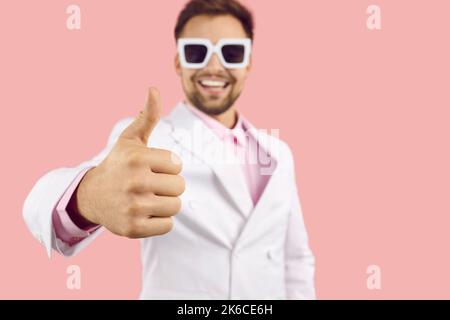 Happy man show thumb up give positive feedback Stock Photo