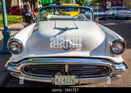 Falcon Heights, MN - June 19, 2022: Wide angle high perspective front view of a 1956 Oldsmobile Super 88 Convertible at a local car show. Stock Photo