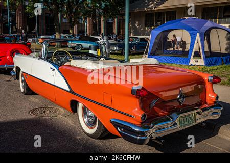 Falcon Heights, MN - June 19, 2022: High perspective rear corner view of a 1956 Oldsmobile Super 88 Convertible at a local car show. Stock Photo