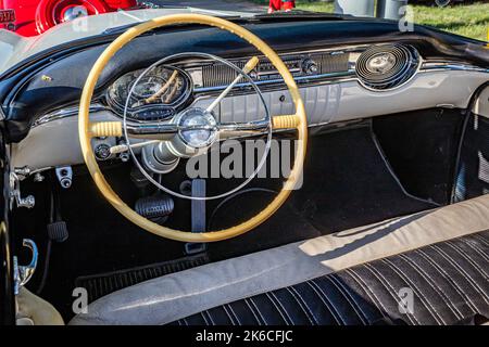 Falcon Heights, MN - June 19, 2022: High perspective detail interior view of a 1956 Oldsmobile Super 88 Convertible at a local car show. Stock Photo
