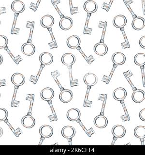 Rusty iron key seamless pattern. Watercolor vintage illustration. Isolated on a white background. For your design fabrics, wrapping paper, stationery. Stock Photo