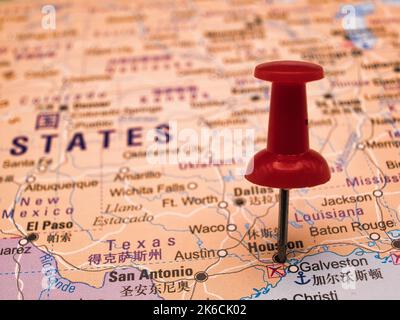 close up of Texas state map with houston is pinned Stock Photo