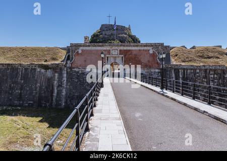 Bridge over moat in Old Venetian Fortress in Corfu town on a Greek island of Corfu Stock Photo