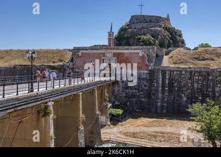 Bridge over moat in Old Venetian Fortress in Corfu town on a Greek island of Corfu Stock Photo