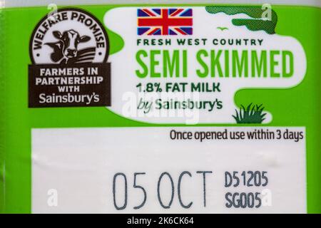 Fresh West Country semi skimmed 1.8% fat milk carton of milk by Sainsbury's - welfare promise farmers in partnership with Sainsbury's Stock Photo