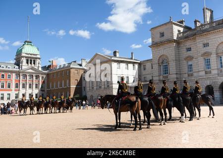 Mounted soldiers on Horse Guards parade in central London England. Troopers of the King's Troop, Royal Horse Artillery Stock Photo