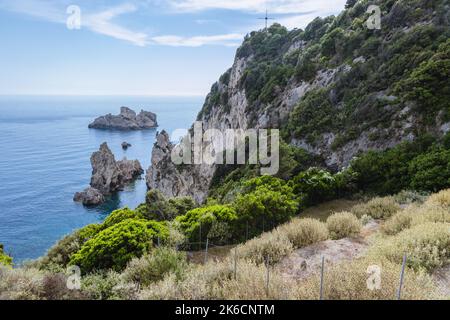 Path to scenic viewpoint near Monastery in Palaiokastritsa famous resort town on Greek Island of Corfu Stock Photo