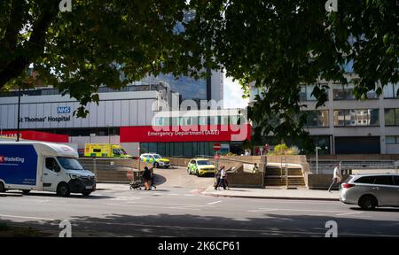 St Thomas hospital London UK GV of entrance to A&E ( accident and emergency ) seen from Lambeth Place road.