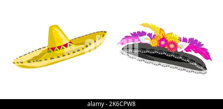 Headwear of Mexicans. Sombrero and Catrina hat with flowers and feathers of traditional colors for the Day of the Dead. Cartoon design elements for ca Stock Vector