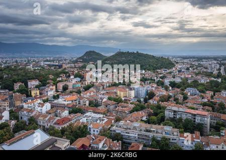 Old Town of Plovdiv city, capital of Plovdiv Province in south-central Bulgaria, view with hills called Danov, Youth and Liberators, drone photo Stock Photo