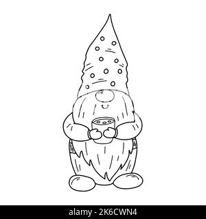 Cute dwarf in hnd drawn doodle style. Gnome in wizard hat. Fairy tale character in sketch style Stock Vector