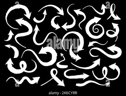 Hand drawn set of different arrows, in various shapes and forms painted with ink brush, isolated on white background. Vector illustration Stock Vector