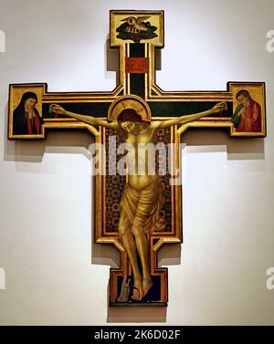 Crucified Christ, Maestro del Crocifisso Corsi, (Florence 1300-1325 c.) , Florence, Italy. ( The dead Christ is shown with his lifeless body on bent knees, held in place by the nails in his hands and feet.  ) Stock Photo