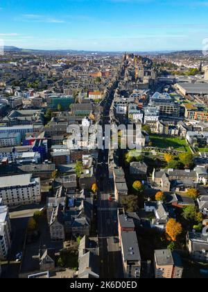 Aerial view from drone of the Royal Mile at Canongate and Old Town in Edinburgh, Scotland, UK Stock Photo