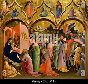 Adoration of the Magi, 1420–1422, Lorenzo Monaco, 1370 – 1425, Italian painter, late Gothic, early Renaissance, He was born Piero di Giovanni in Siena ,Uffizi, Florence, Adoration, Magi, Adoration of the Kings , Nativity of Jesus, Three Magi, represented as kings, found Jesus by following a star, lay before him gifts of gold, frankincense, and myrrh, and worship him, Stock Photo