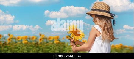 A child in a field of sunflowers. Selective focus. Stock Photo