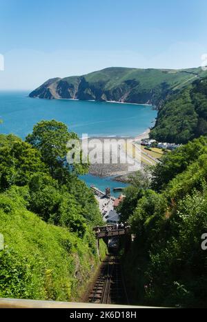 View whilst descending on the Lynton and Lynmouth water-powered funicular Cliff Railway, North Devon Stock Photo