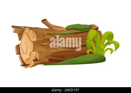 Old wood, tree log, trunk with moss and grass empty in cartoon style isolated on white background. Forest clip art, old and broken piece, part. . Vector illustration Stock Vector