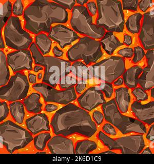 Lava, magma with stones in cartoon style seamless pattern background. Eruption effect, landscape. Texture, design. Vector illustration Stock Vector