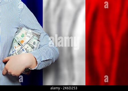 Blue, white and red French flag and American dollars money Stock Photo