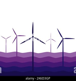 Horizontal seamless pattern with waves and windmills, wind turbines. Vector colored background. Stock Vector