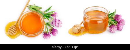 Honey with clover flowers isolated on white background. Top view. Flat lay. Stock Photo