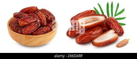 Dates in wooden bowl isolated on white background with full depth of field. Stock Photo