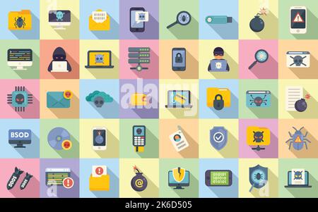 Malware icons set flat vector. Cyber attack. Risk secure Stock Vector