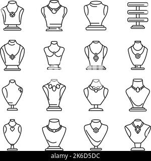 Jewelry dummy icons set outline vector. Bust chain. Diamond fashion Stock Vector