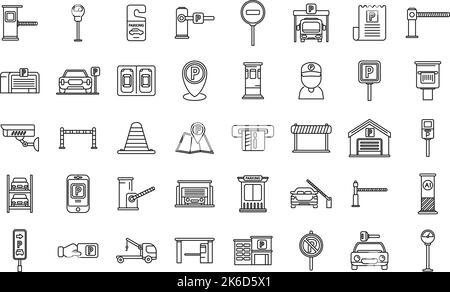 Paid parking icons set outline vector. Park gate. Garage place Stock Vector