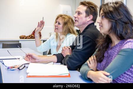 Adult Education: Questioning Learners. Mature students raising an issue with their teacher in class. From a series of related images on the subject. Stock Photo