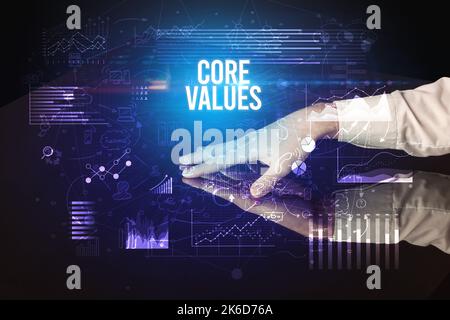 Businessman touching huge screen concept Stock Photo