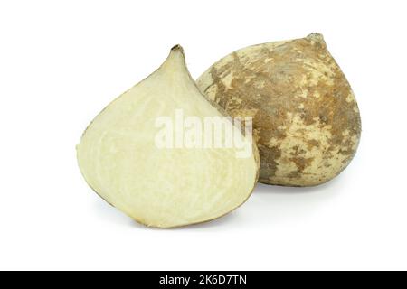 half fresh raw jicama, mexican turnip, yam bean, Pachyrhizus erosus or singkamas isolated in white background. Stock Photo