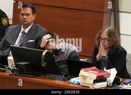 Fort Lauderdale, USA. 18th July, 2022. Marjory Stoneman Douglas High School shooter Nikolas Cruz looks down as Assistant State Attorney Mike Satz delivers an opening statement in the penalty phase of his trial at the Broward County Courthouse in Fort Lauderdale on Monday July 18, 2022. Cruz previously plead guilty to all 17 counts of premeditated murder and 17 counts of attempted murder in the 2018 shootings. (Photo by Carline Jean/Sun Sentinel/TNS/Sipa USA) Credit: Sipa USA/Alamy Live News Stock Photo