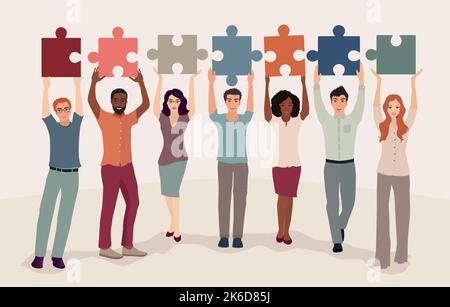 Group of diverse culture people with raised hands holding and connecting jigsaw puzzle pieces. Colleagues co-workers collaborators who cooperate Stock Vector
