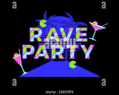 Rave party banner with cocktails, palm trees and sun in 80s style. Cocktail techno party. Design for posters, banners and promotional products. Vector Stock Vector