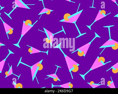 Cocktail with umbrellas 80s style seamless pattern. Alcoholic cocktails with umbrellas and orange slice. Design for bar menus, advertising materials a Stock Vector