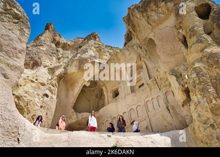 Collapsed exterior of underground church in Goreme open air museum, Cappadocia, Anatolia, Turkey Stock Photo