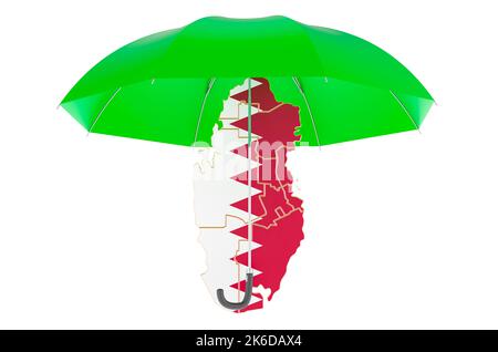 Qatari map under umbrella. Security and protect or insurance concept, 3D rendering isolated on white background Stock Photo