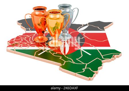 Trophy Cups on Kenyan map. Sport Tournaments in Kenya, concept. 3D rendering isolated on white background Stock Photo