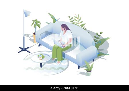 Freelance work web concept in 3d isometric design. People working on laptops online. Woman works as freelancer at living room of her home and doing Stock Vector