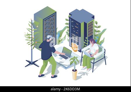 Data center web concept in 3d isometric design. People working in server room, maintains and controls of processing data at hardware, hosting service Stock Vector